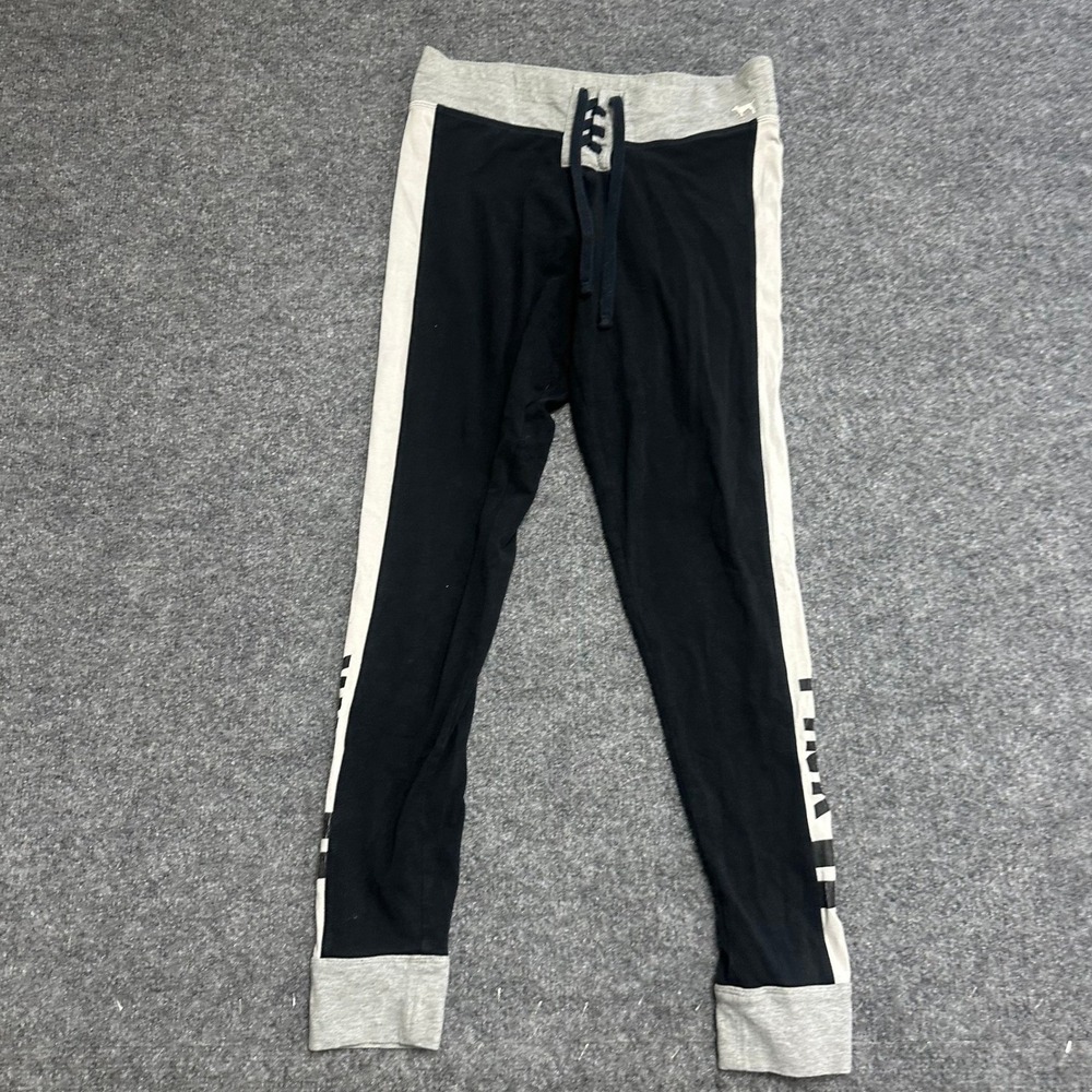 PINK Leggings Womens Size M Black Grey Lace Up Yoga Logo Cotton Blend Athleisure